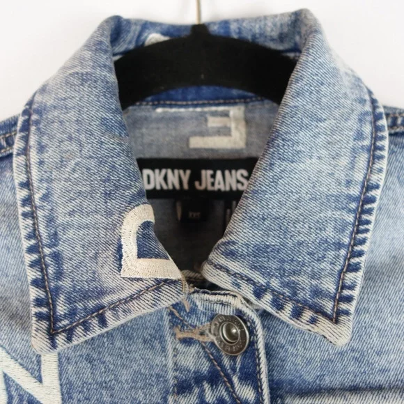 DKNY Jeans Embroidered Letters Blue Denim Jacket, Size Extra Extra Small (XXS)